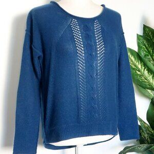 360 Cashmere Blue Cable & Open Knit Long Sleeve Boat Neck Sweater Pullover Small